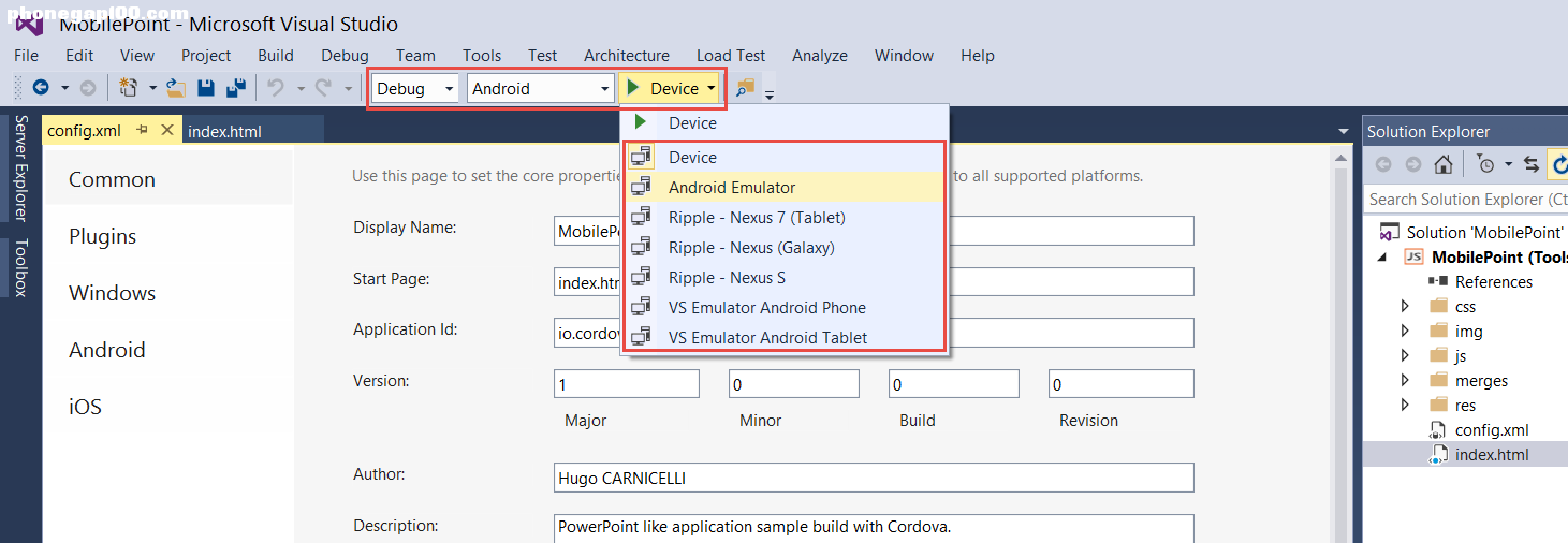 Visual Studio 2015 和 Apache Cordova